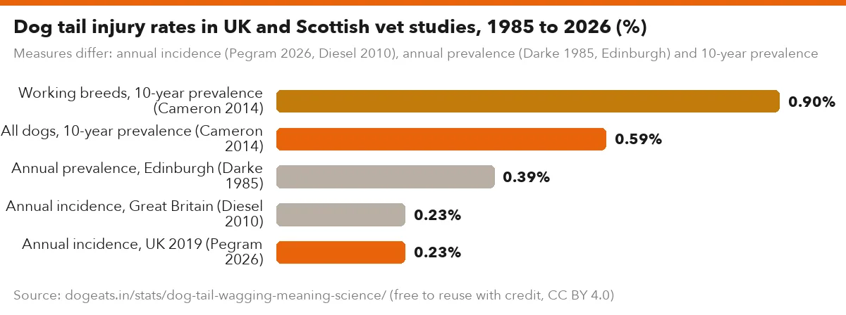 Dog tail injury rates in UK and Scottish vet studies, 1985 to 2026 (%)