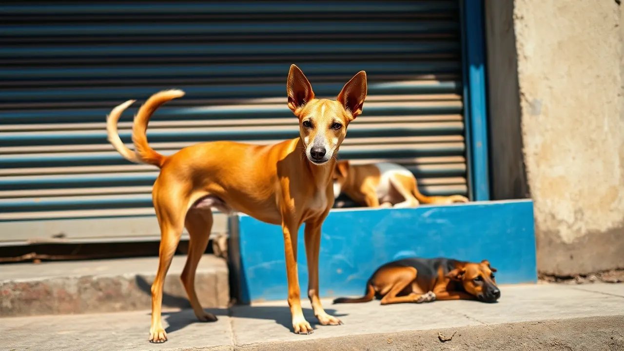 Two Indian Pariah dogs on a sunlit street, one in mid dog tail wagging and one resting on a step