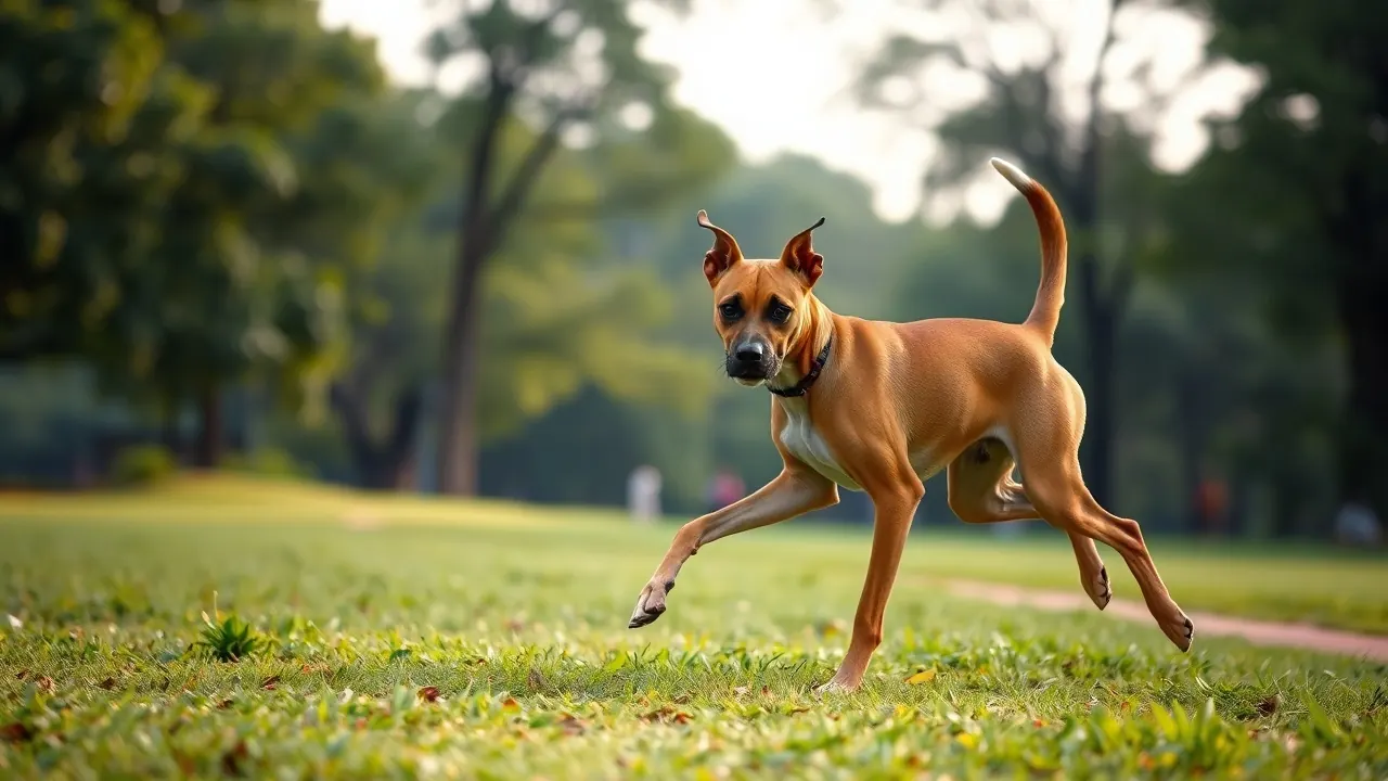 A fawn Boxer with a full natural tail trots on a park path, tail held up after dog tail wagging