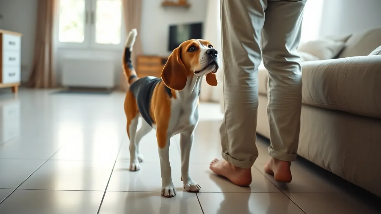 A tricolour Beagle shows dog tail wagging on a tiled floor as a person stands in front of it