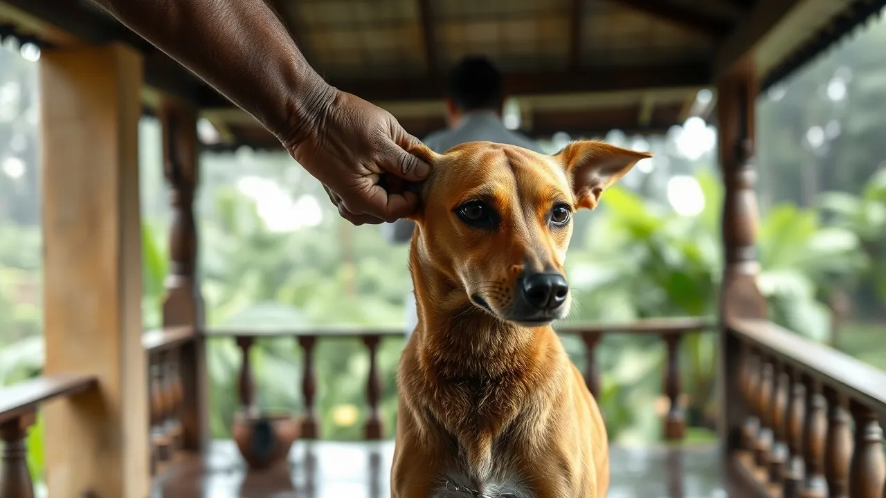 An owner checks a calm Indie dog behind the ear for dog ticks on a monsoon verandah in India