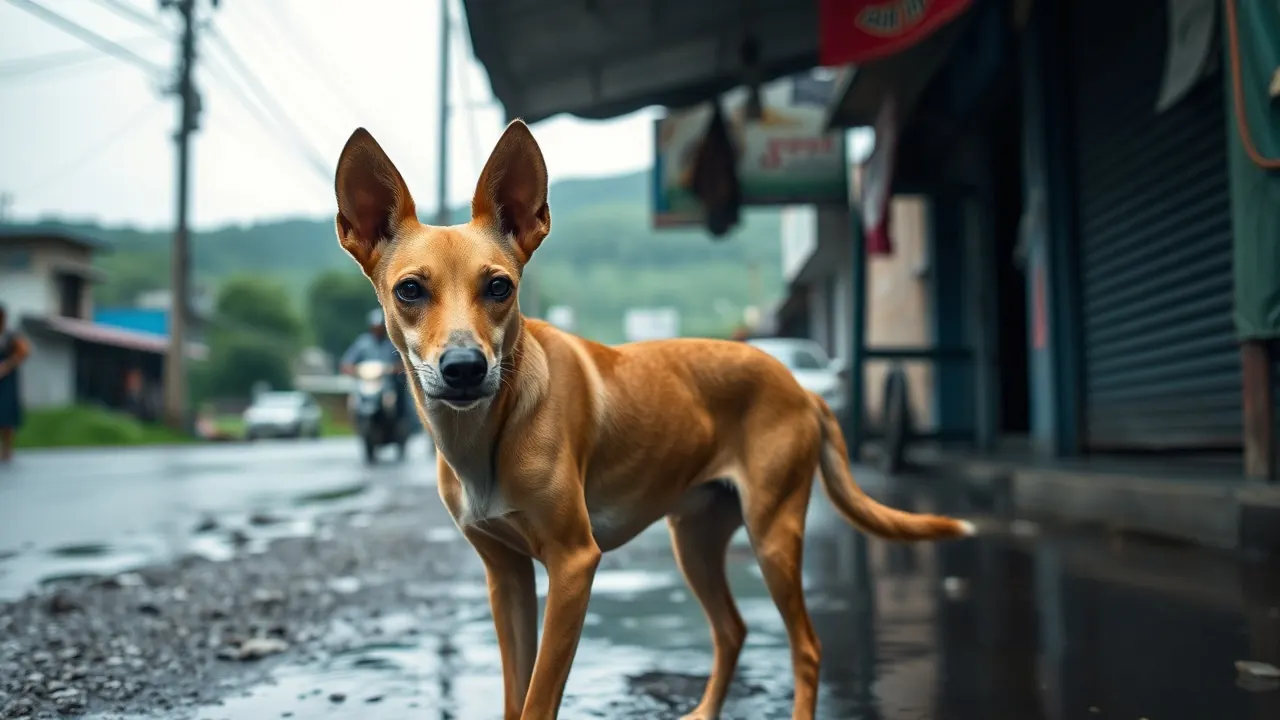 A healthy street dog shelters from monsoon rain in Guwahati, the peak season for dog ticks in India