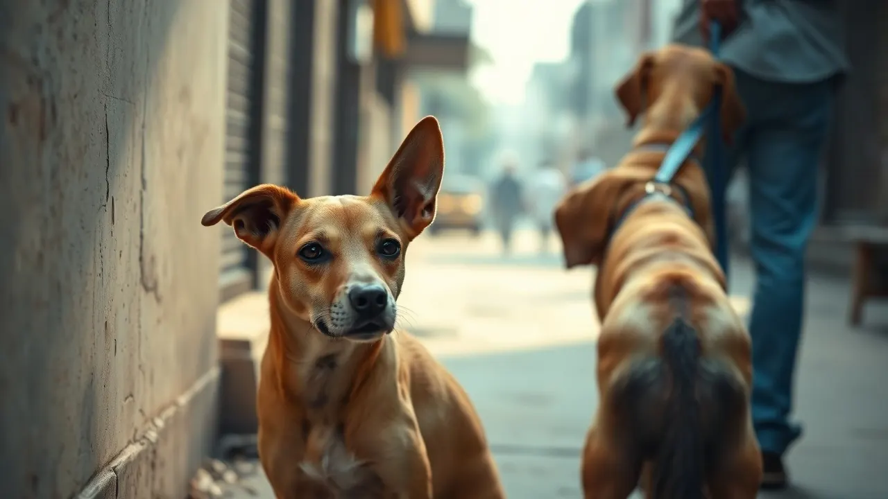 A street dog rests while a pet Labrador walks past, two groups with very different dog ticks rates