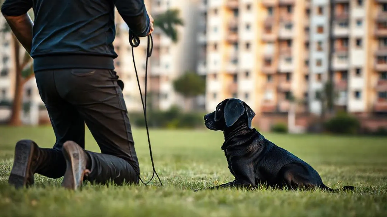 A trainer kneeling beside a sitting black Labrador on a society lawn, illustrating dog training cost in India