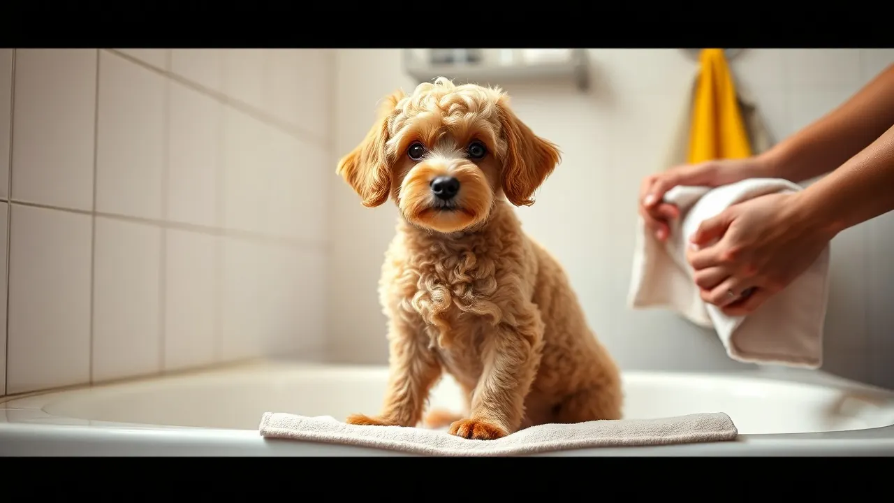 Hands towel-drying a small apricot Poodle after a bath at home, showing yearly dog grooming cost