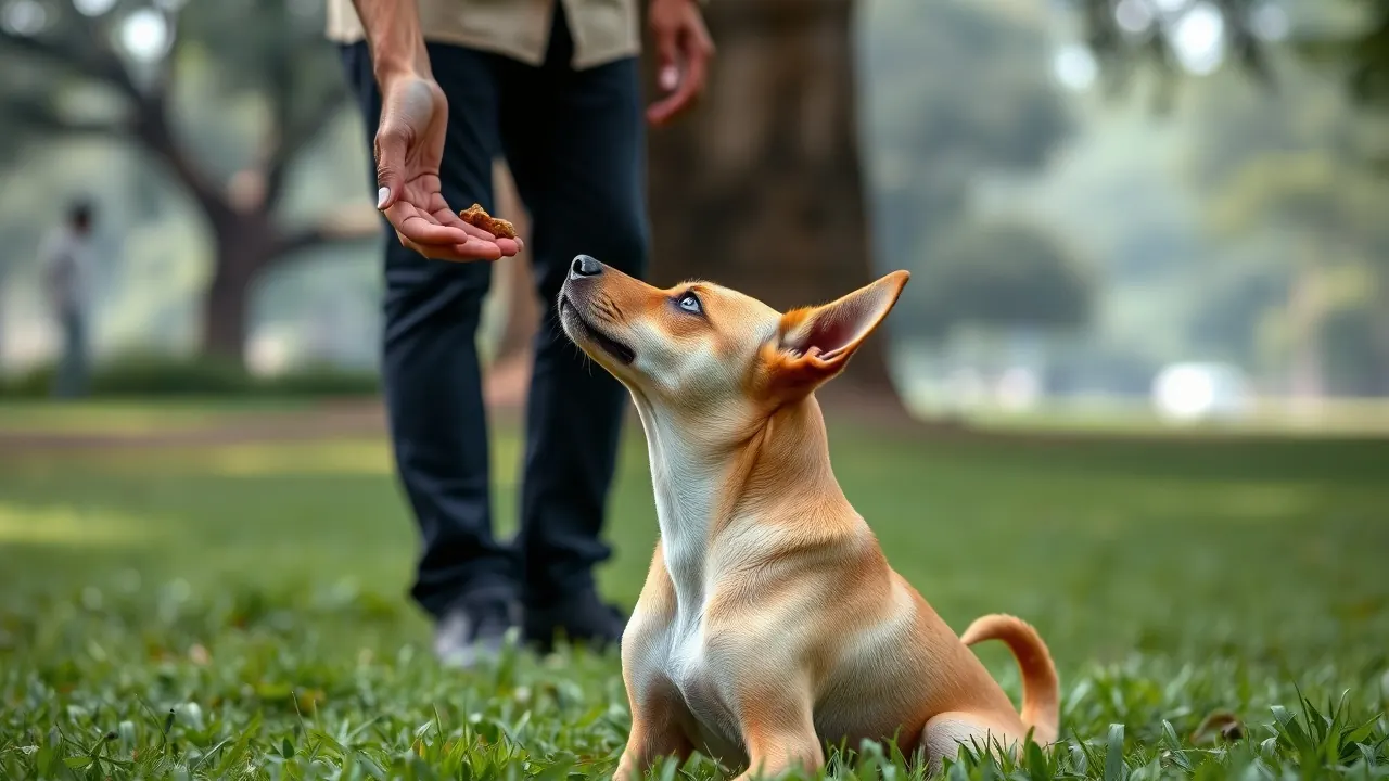 A tan Indian Pariah Dog sits for a treat in a Mumbai park, reward-based dog training methods in practice