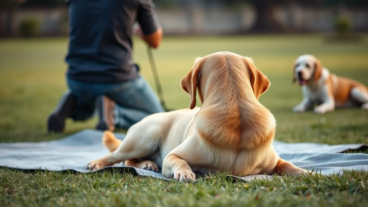 A Labrador lies calmly beside its owner at a Bengaluru class, where dog training methods shape stress levels