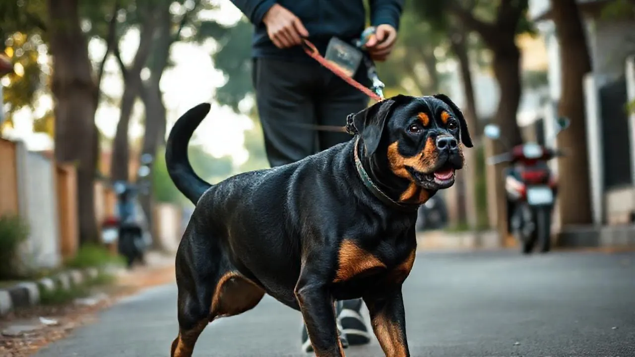 A Rottweiler walks on a loose leash with a trainer in Hyderabad, reward-based dog training methods in India
