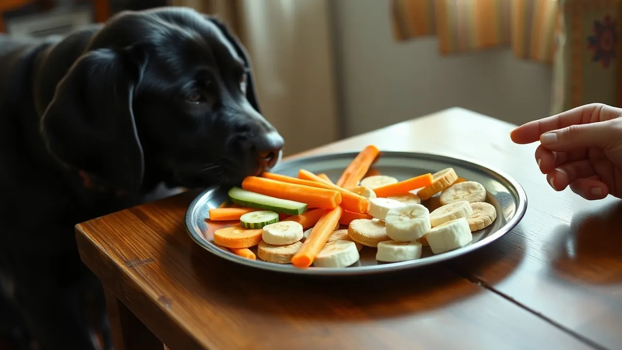 A Labrador eyes a steel plate of carrot, cucumber, banana, paneer and biscuits, showing dog treat calories at home