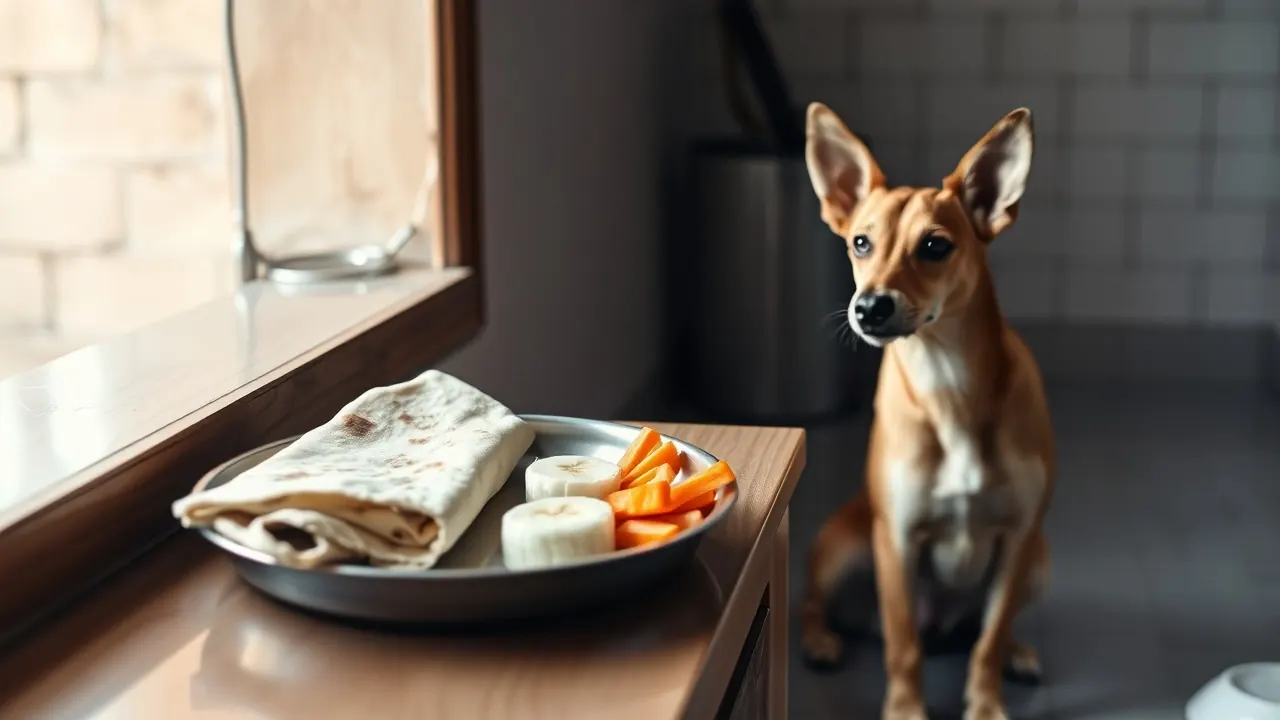 A steel thali of chapati, idli, paneer, banana and carrot beside an Indie dog, comparing dog treat calories