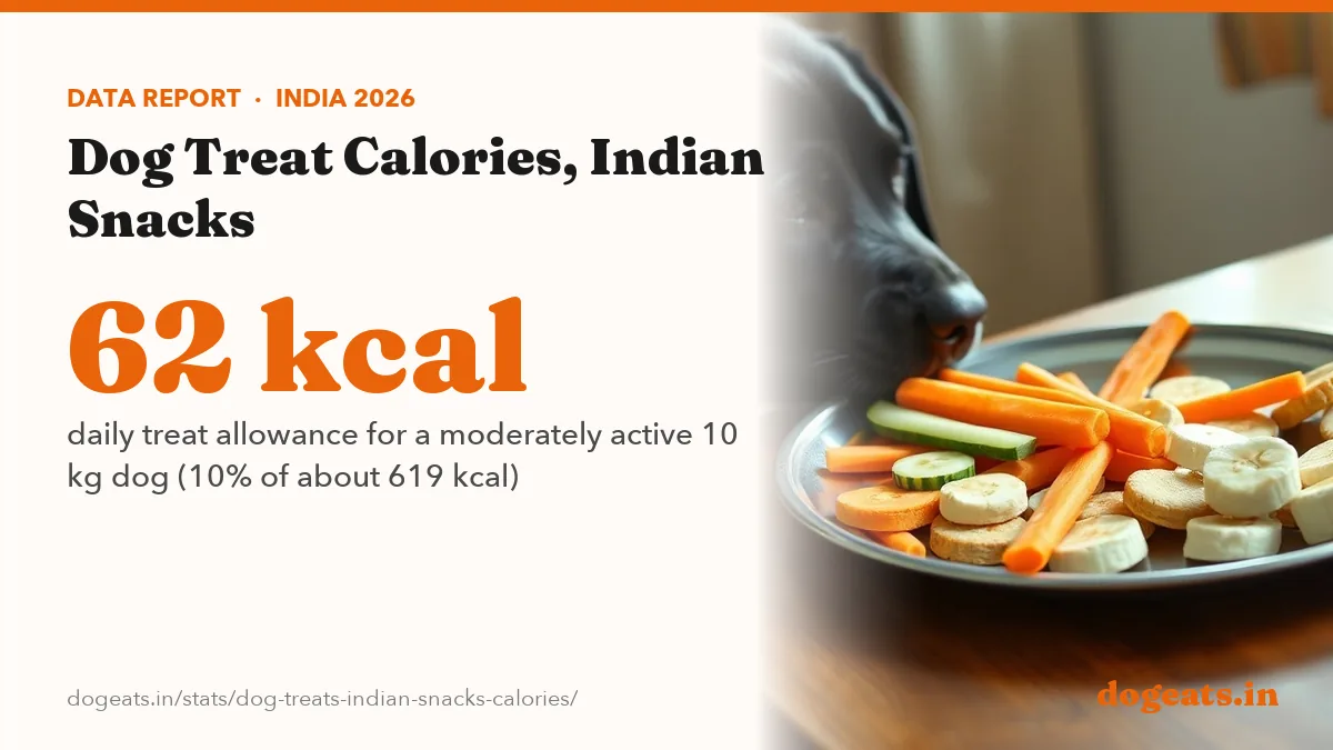 62 kcal daily treat allowance for a moderately active 10 kg dog (10% of about 619 kcal)