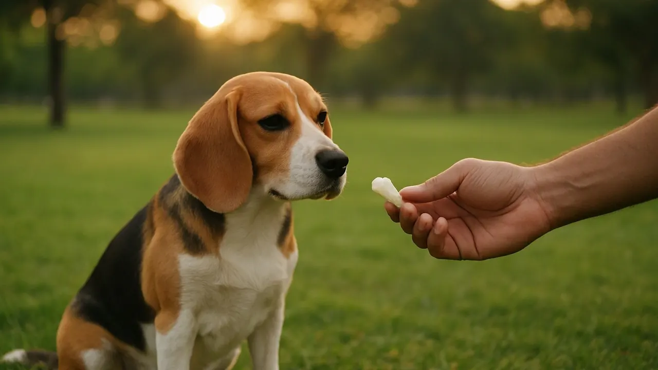 A Beagle sits on a lawn for a piece of boiled egg, a reward low in dog treat calories