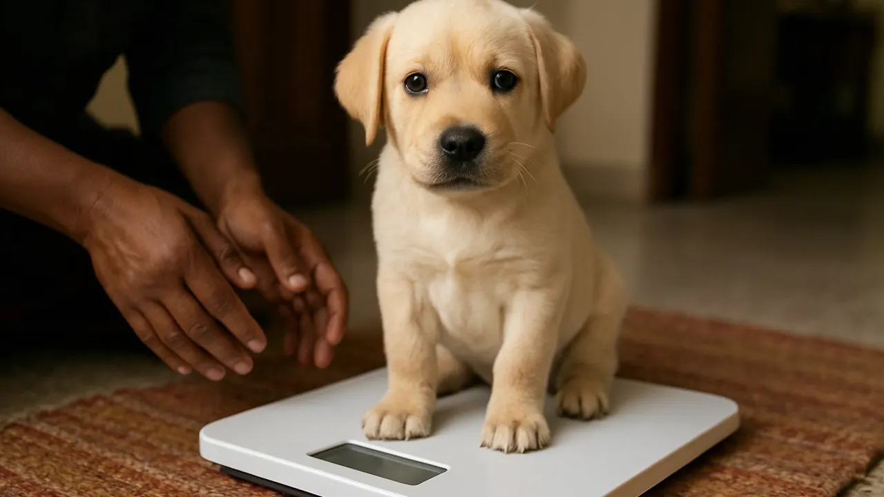 A Labrador puppy sits on a floor scale at home, checked against a dog weight chart by age and breed