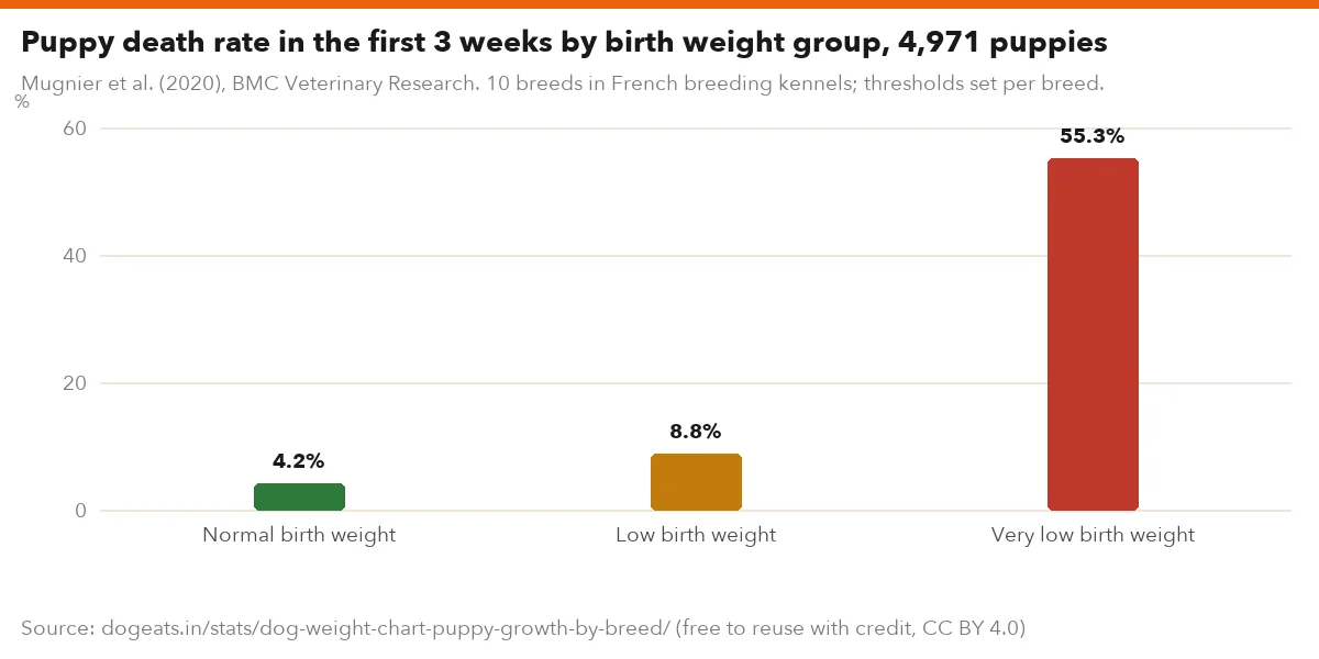 Puppy death rate in the first 3 weeks by birth weight group, 4,971 puppies