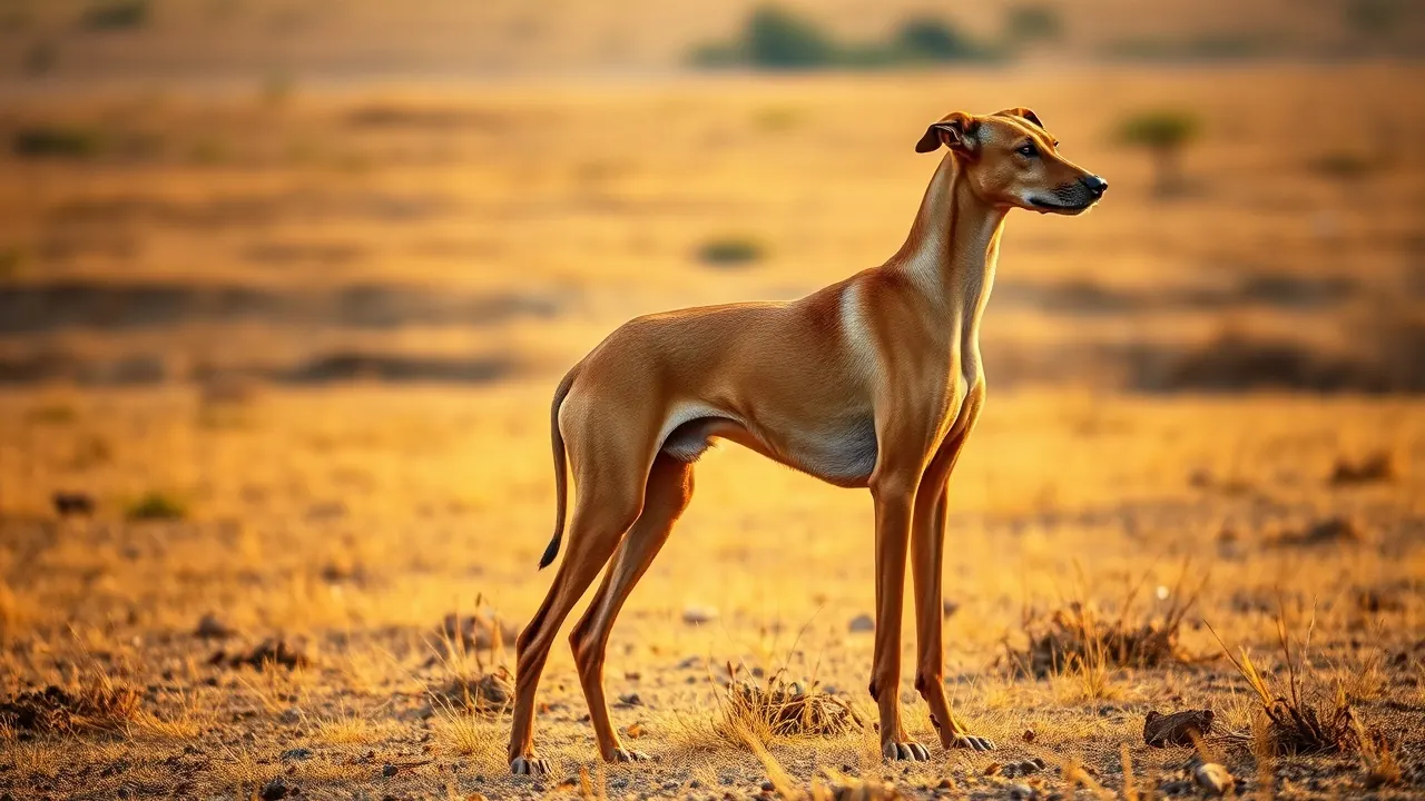 A lean fawn Mudhol Hound in a field, an Indian breed in our dog weight chart by age and breed