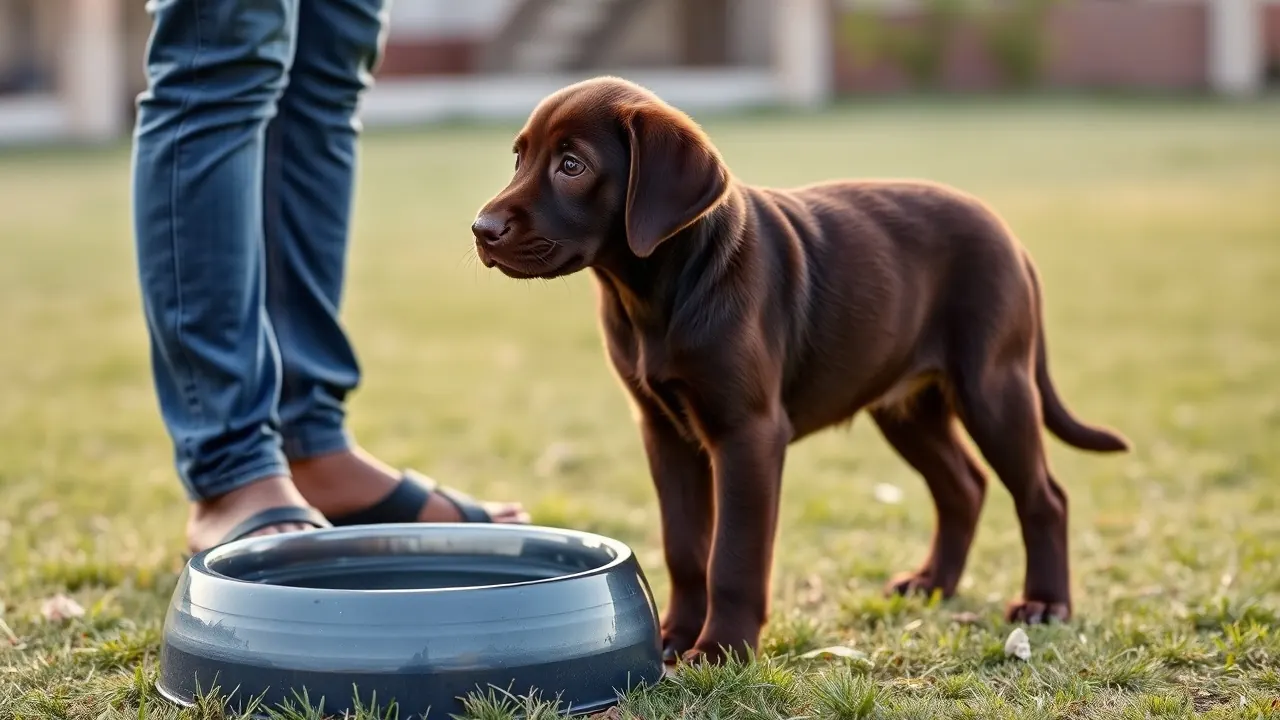 A lean six-month-old chocolate Labrador puppy on a society lawn, near the dog weight chart by age and breed midpoint