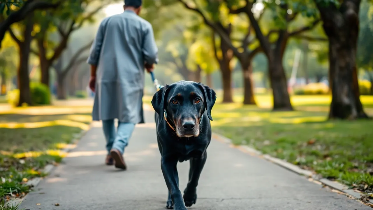 A senior black Labrador with a grey muzzle on a slow park walk, a dog years to human years example
