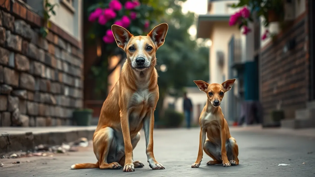 An older and a younger Indian Pariah dog sit together, comparing dog years to human years at two ages