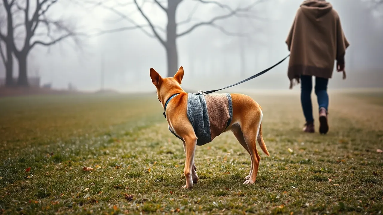 Indian pariah dog in a grey sweater on a foggy park path, typical of dogs in winter in India