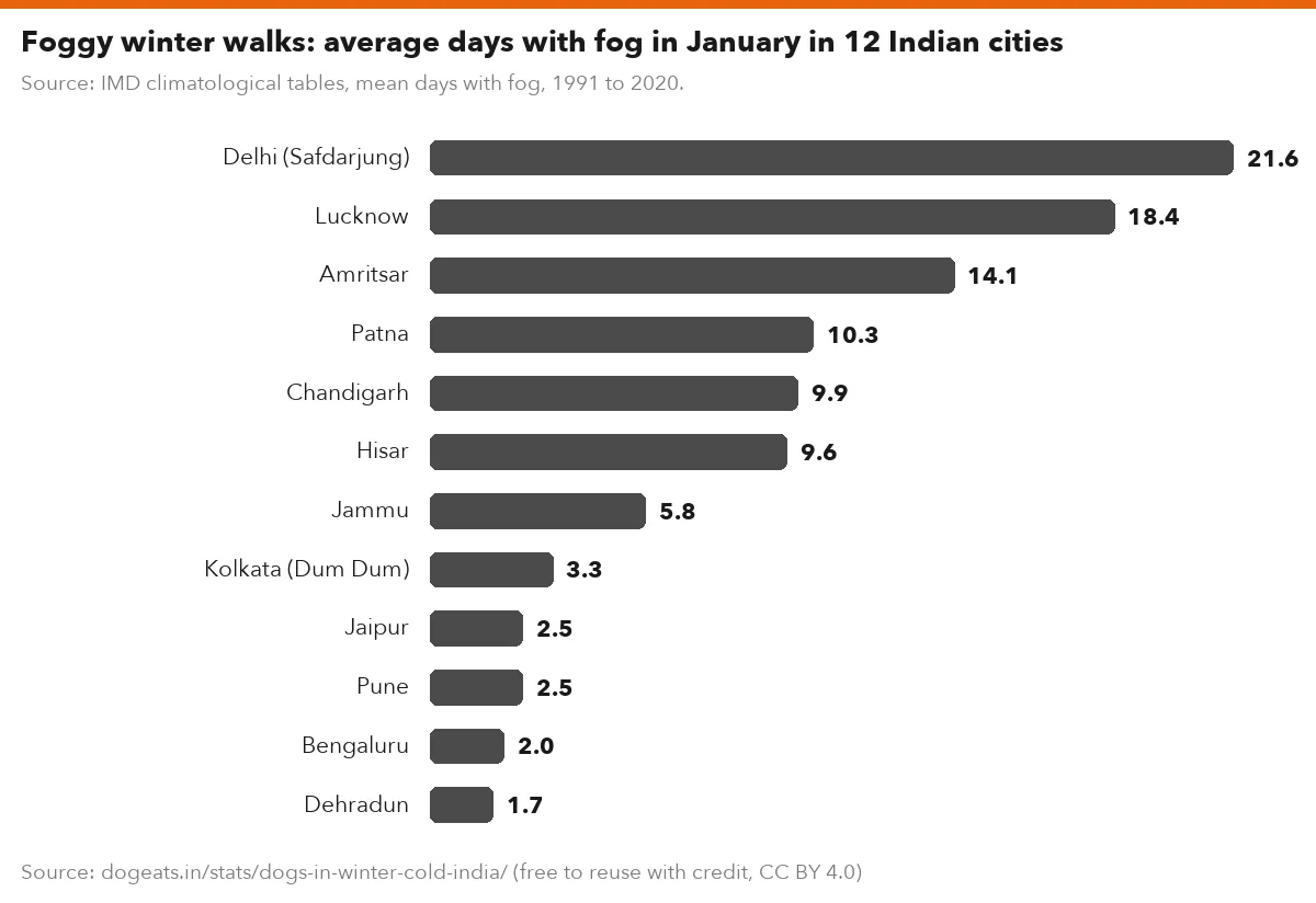 Foggy winter walks: average days with fog in January in 12 Indian cities