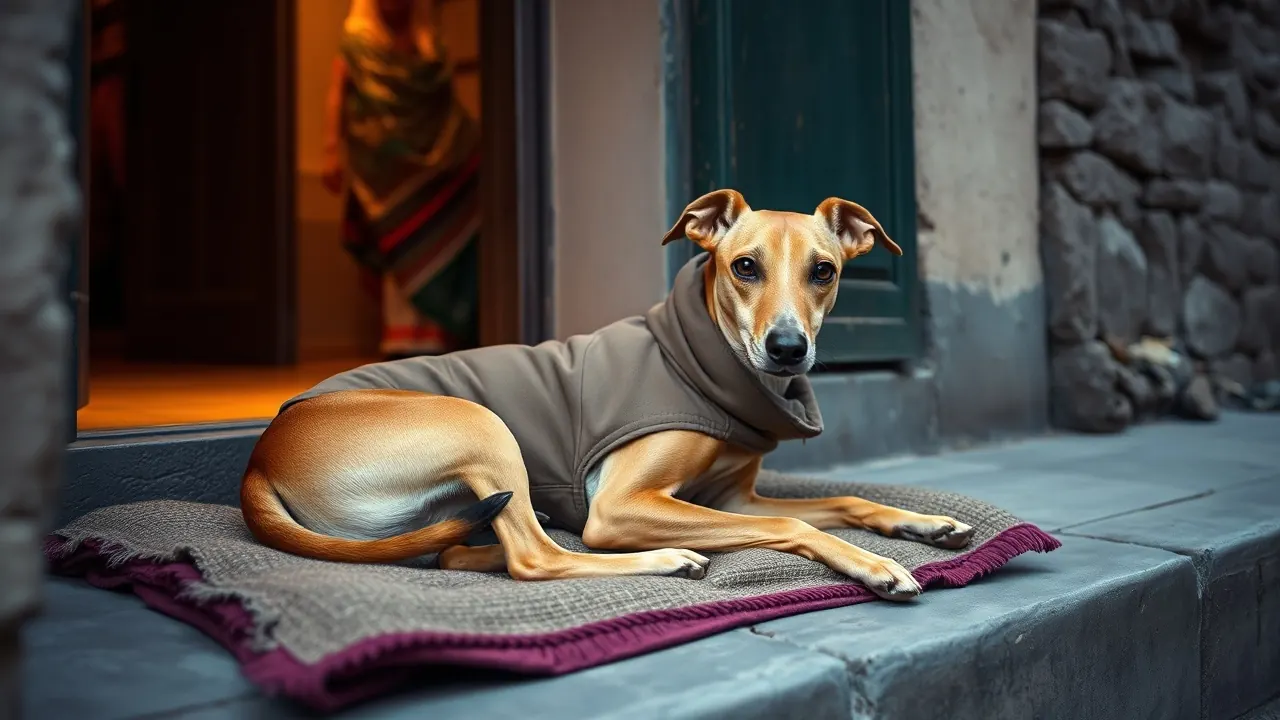 Lean Indian sighthound in a padded coat resting on a blanket, a common sight with dogs in winter in India