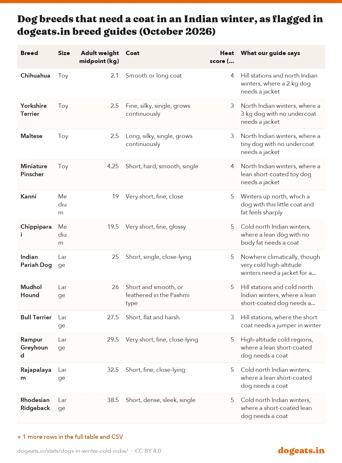 Dog breeds that need a coat in an Indian winter, as flagged in dogeats.in breed guides (October 2026)