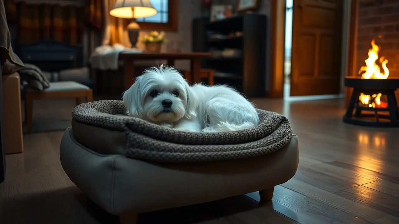 Small white Maltese curled on a raised padded bed with a woollen blanket, keeping dogs in winter in India warm
