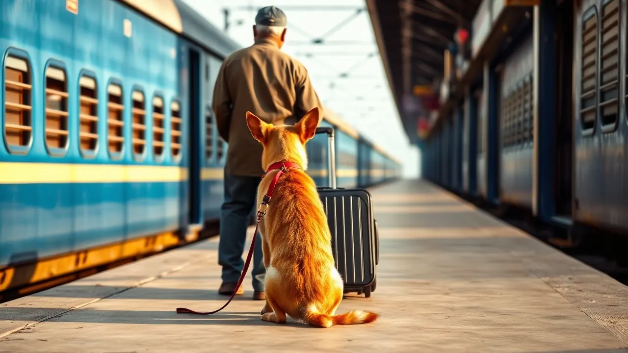 An Indian Pariah dog sits beside its owner on a platform, travelling with dogs on trains in India