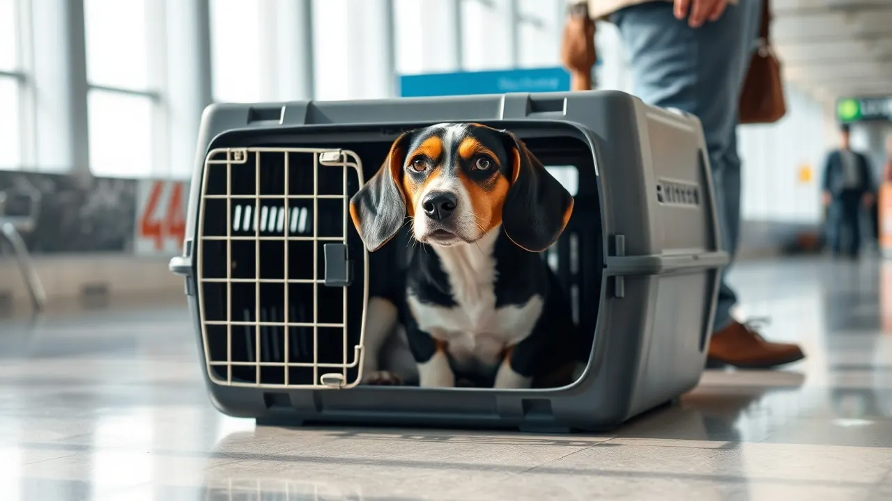 A Beagle waits calmly in an airline crate at an airport, illustrating pet import rules for dogs coming to India