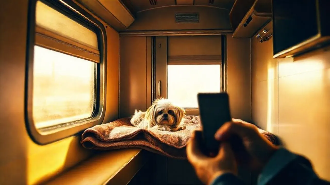 A Shih Tzu rests on a blanket in an AC First Class coupe, showing how dogs travel in Indian Railways
