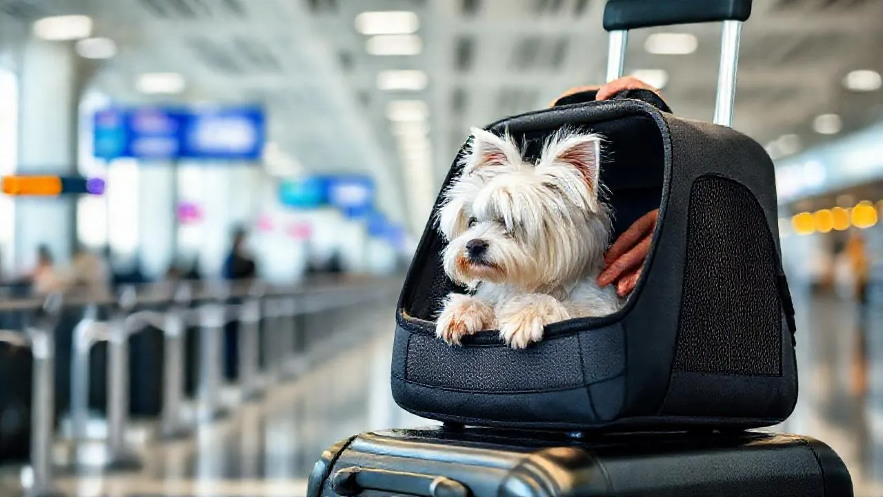 A Maltese in a soft carrier on an airport scale, checking the weight limit for dogs on flights in India