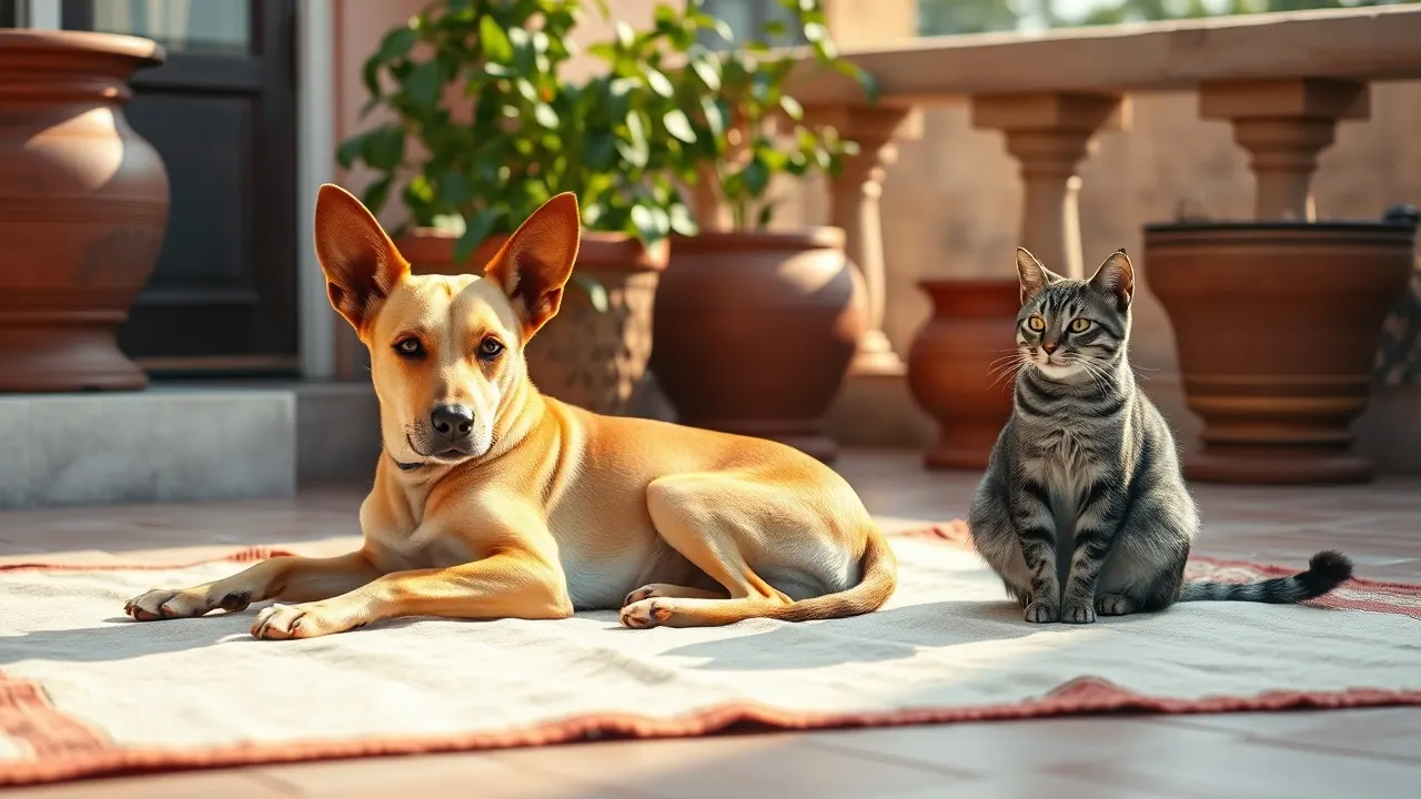 An Indian pariah dog and a tabby cat rest on a terrace durrie, illustrating dogs vs cats statistics in India