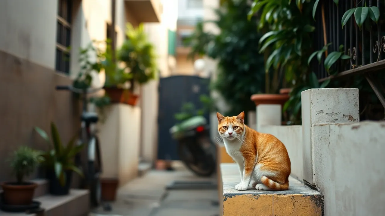 A ginger and white street cat sits on a Mumbai wall, a gap in dogs vs cats statistics for India