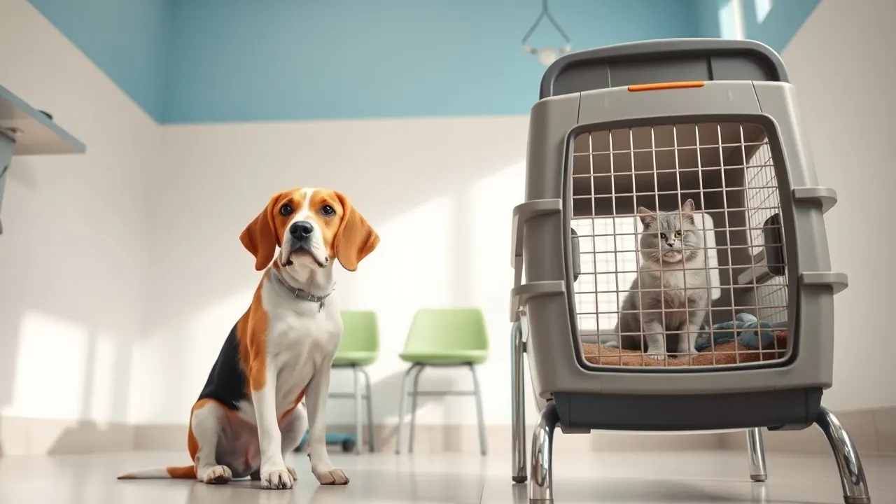 A beagle and a cat in a carrier wait at a Bengaluru vet clinic, illustrating dogs vs cats statistics