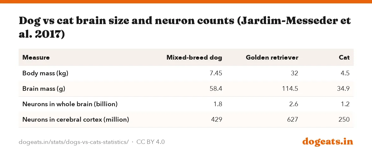 Dog vs cat brain size and neuron counts (Jardim-Messeder et al. 2017)
