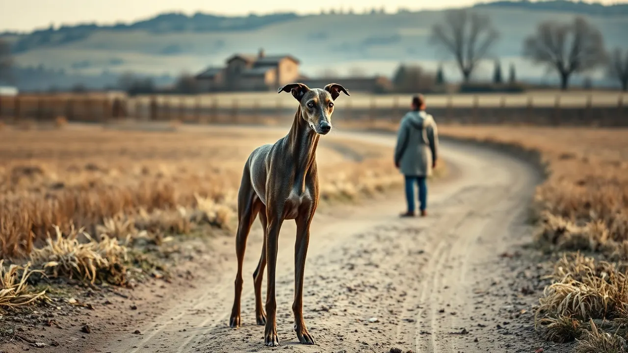 Galgo español atigrado en un camino rural de Castilla, raza ligada al abandono tras la temporada de caza