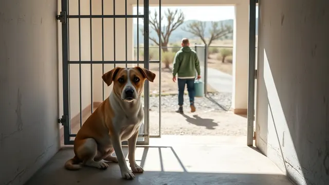 Perro mestizo de color canela sentado en la perrera de una protectora rural en España, imagen del abandono de perros