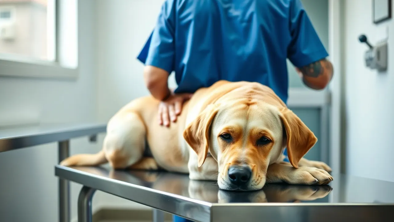 Veterinaria de espaldas examinando a un labrador tranquilo en una clínica de una ciudad española