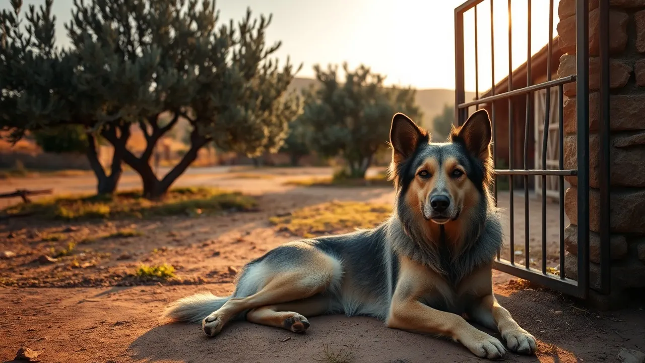 Perro pastor tumbado junto a la verja de una finca rural en el interior de España