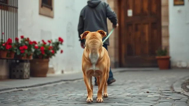 Persona mayor de espaldas paseando a un perro mestizo tranquilo por una calle empedrada de un pueblo español