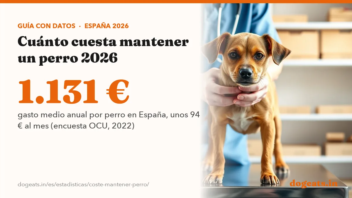 1.131 € gasto medio anual por perro en España, unos 94 € al mes (encuesta OCU, 2022)