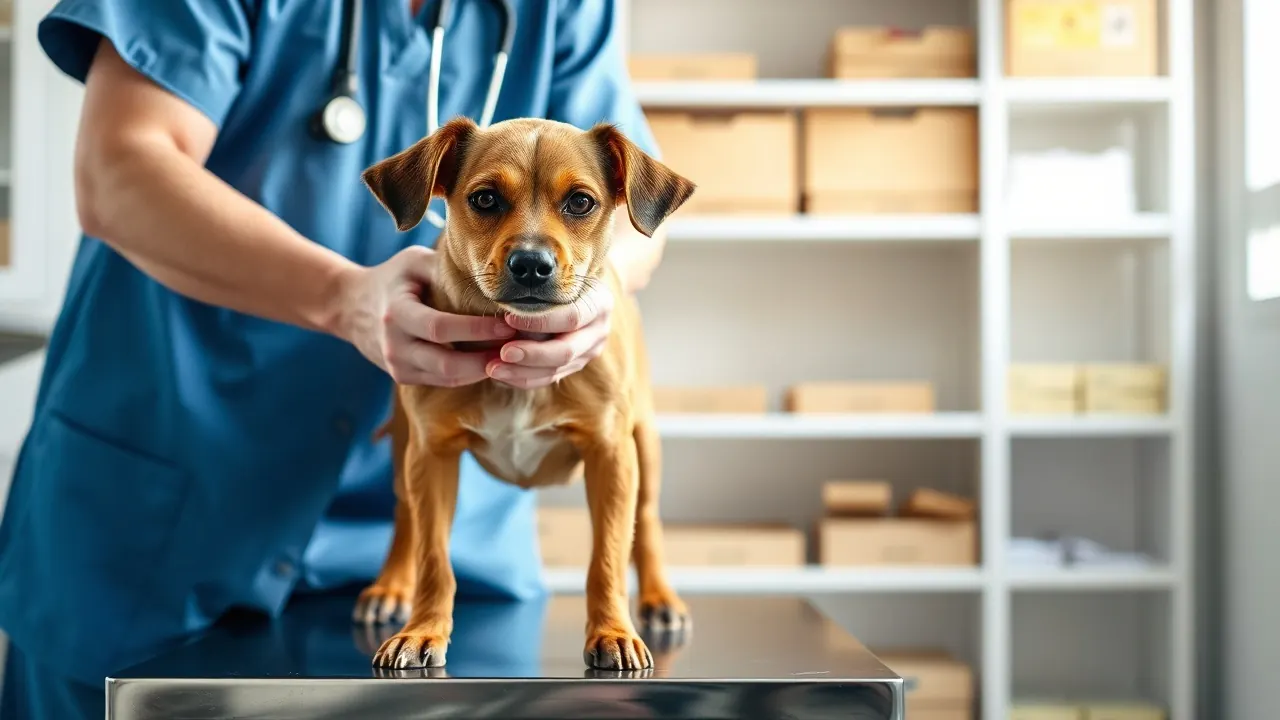 Veterinaria explorando a un perro mestizo marrón sobre la mesa de una clínica, coste de mantener un perro