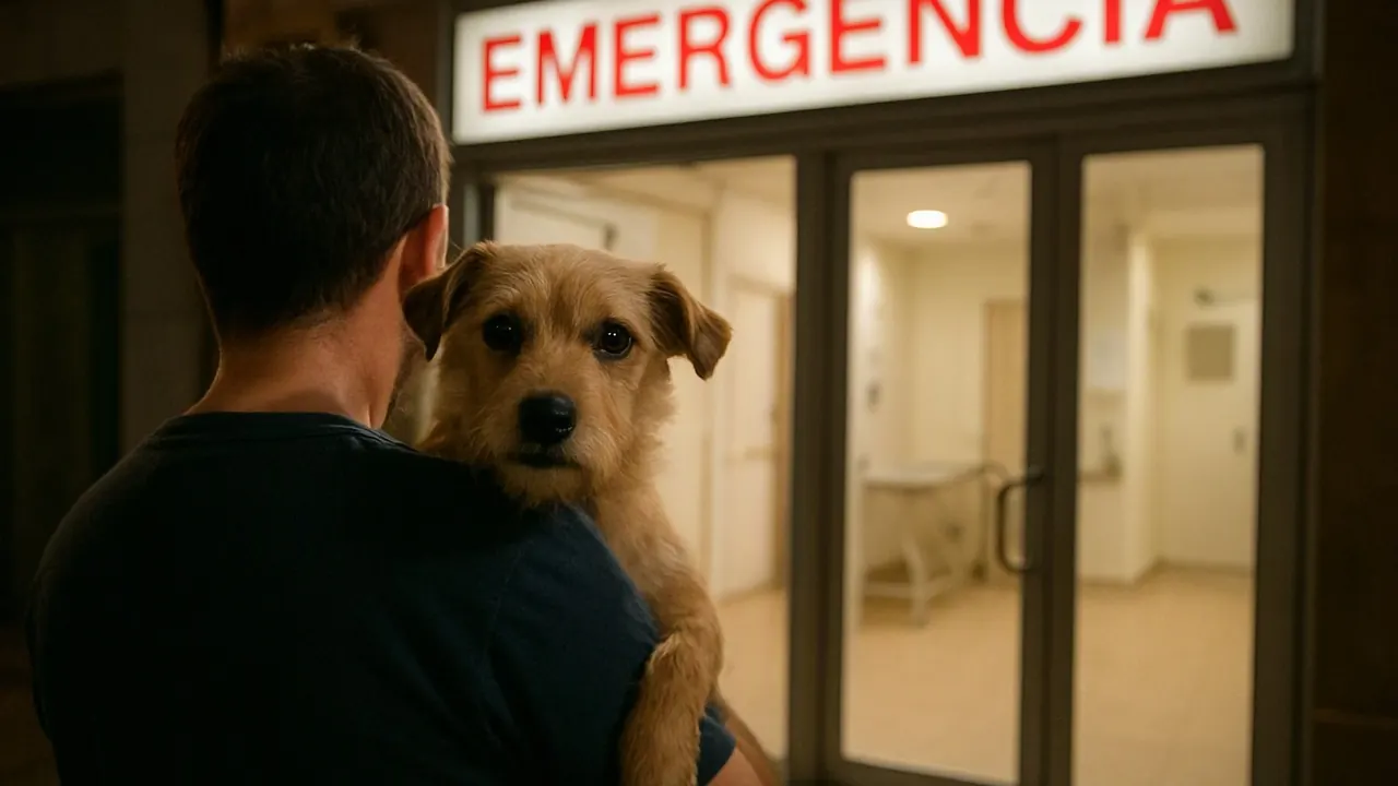 Una persona entra de noche con su perro en brazos en una clínica veterinaria de urgencias en España