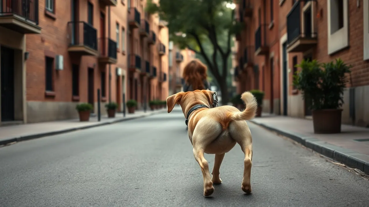 Persona de espaldas pasea a un perro mestizo color beige por una calle residencial de Madrid