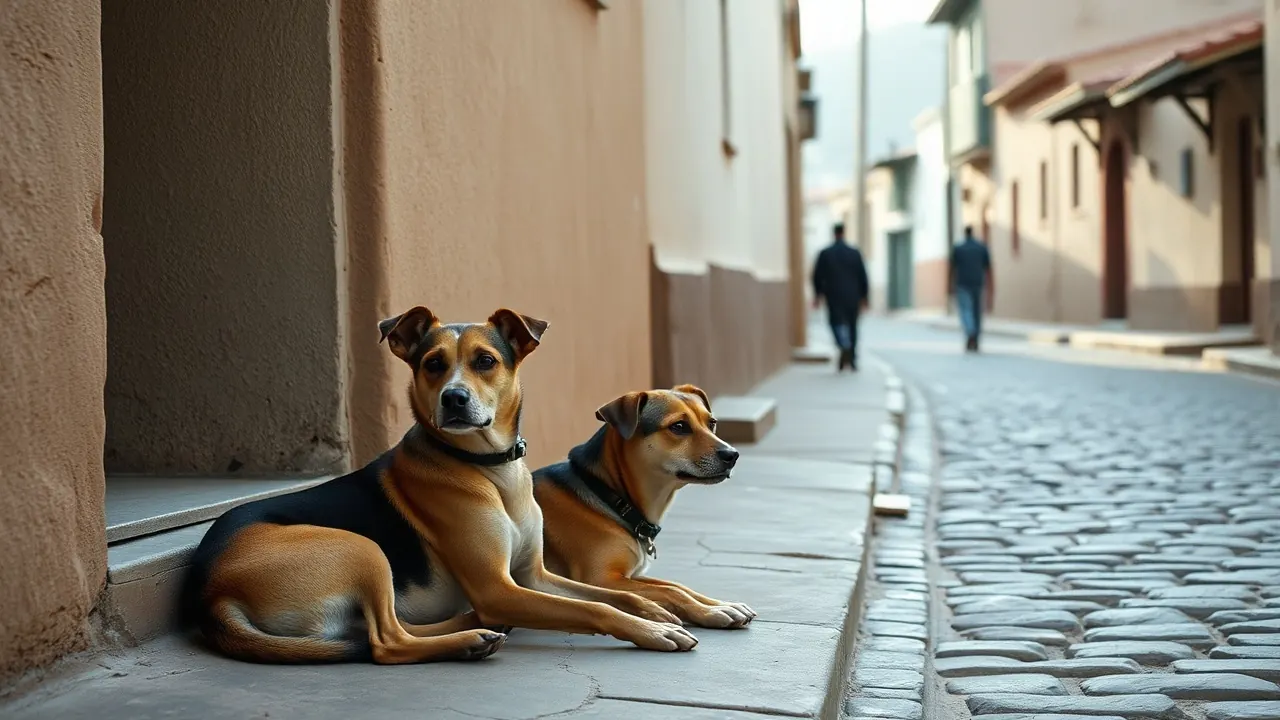 Dos perros mestizos de pelo corto descansan junto a una puerta en una calle empedrada de un pueblo andino