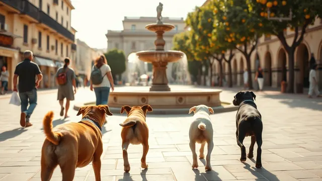 Varias personas pasean perros de distintos tamaños por una plaza española con naranjos por la mañana