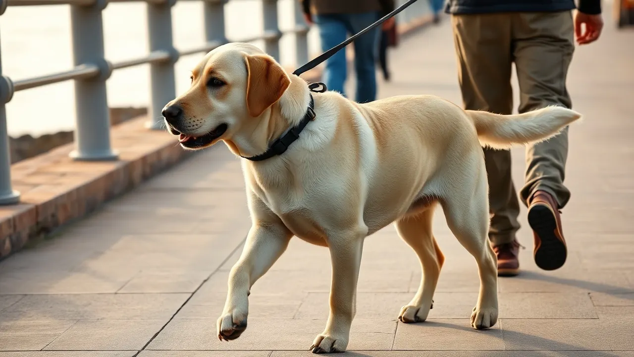 Labrador retriever amarillo adulto pasea con su dueño por un paseo marítimo, raza con buena esperanza de vida