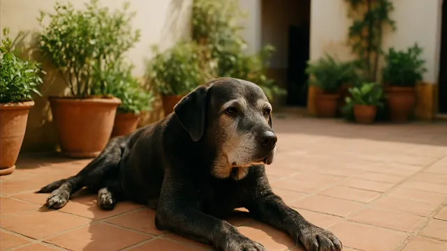 Un labrador anciano con el hocico canoso descansa en un patio soleado, esperanza de vida de los perros por raza