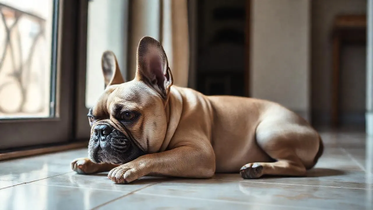 Bulldog francés adulto de color leonado tumbado a la sombra, una raza con baja esperanza de vida
