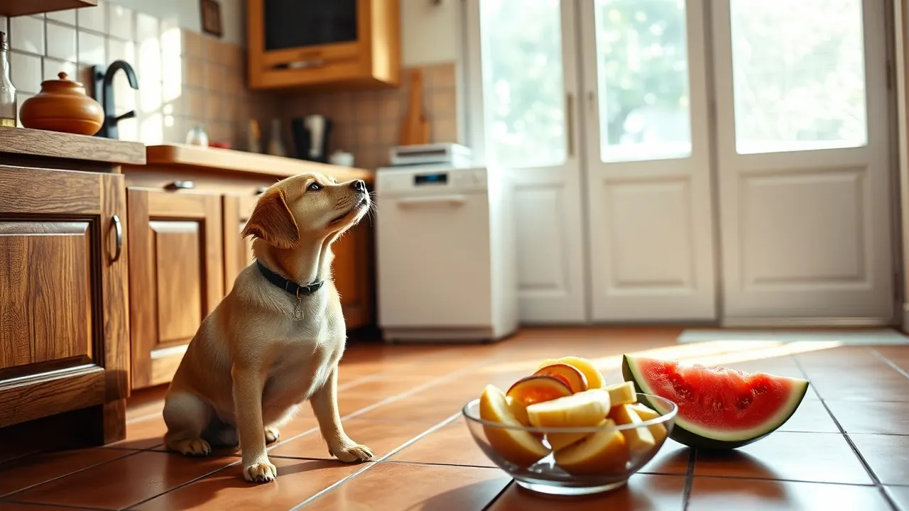Perro mestizo de pelo corto mira una tabla con manzana, plátano y sandía cortados en una cocina luminosa